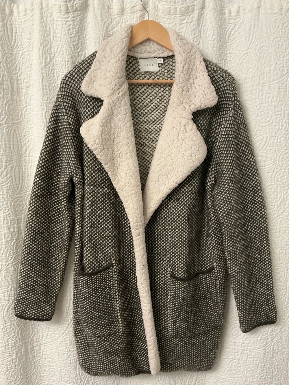Lush Gray Knit Teddy Coat with Cream Sherpa Trim